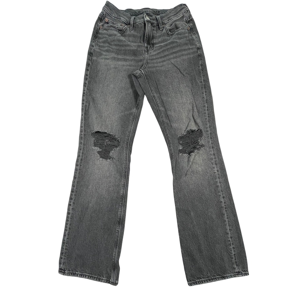 American Eagle Jeans Women 2 Black Distressed Straight Leg High Rise Denim